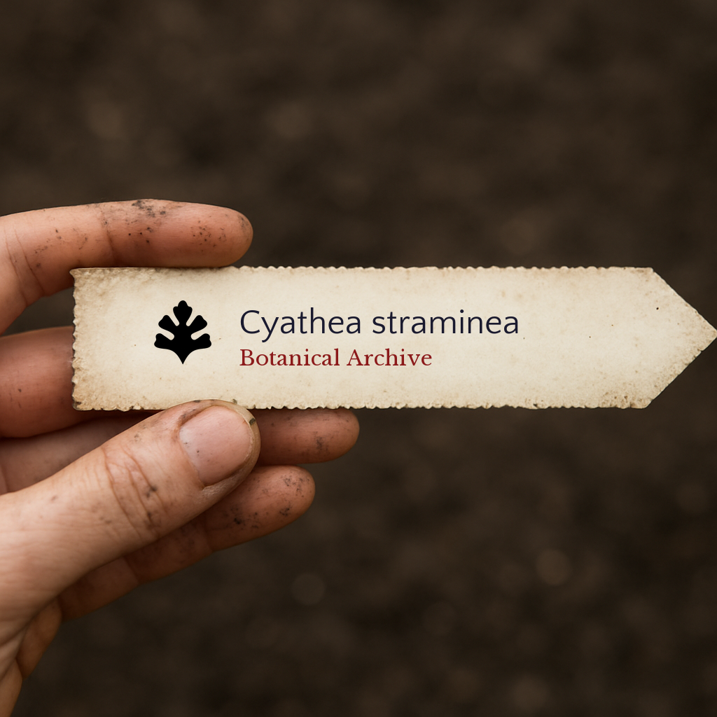 Printed plant label for Cyathea straminea held by dirty hand over soil background