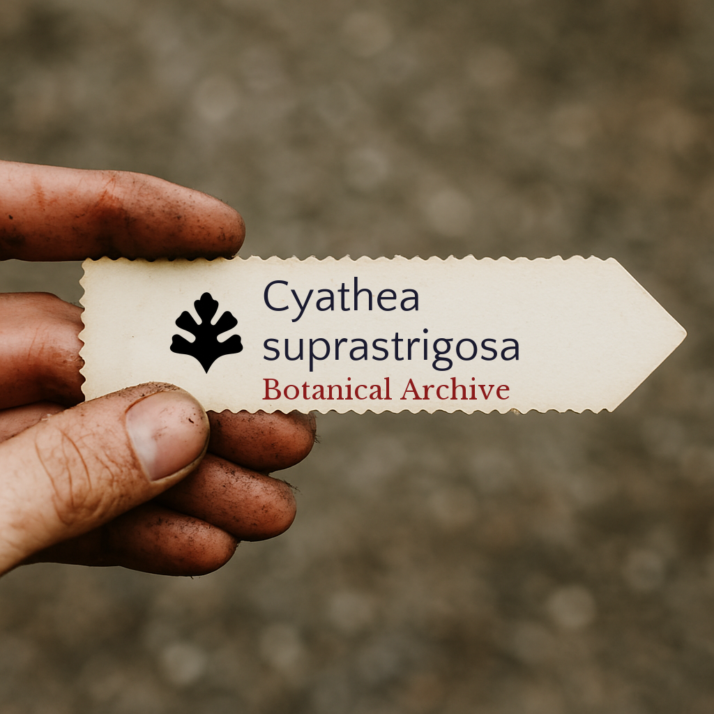 Printed plant label for Cyathea suprastrigosa held by dirty hand outdoors