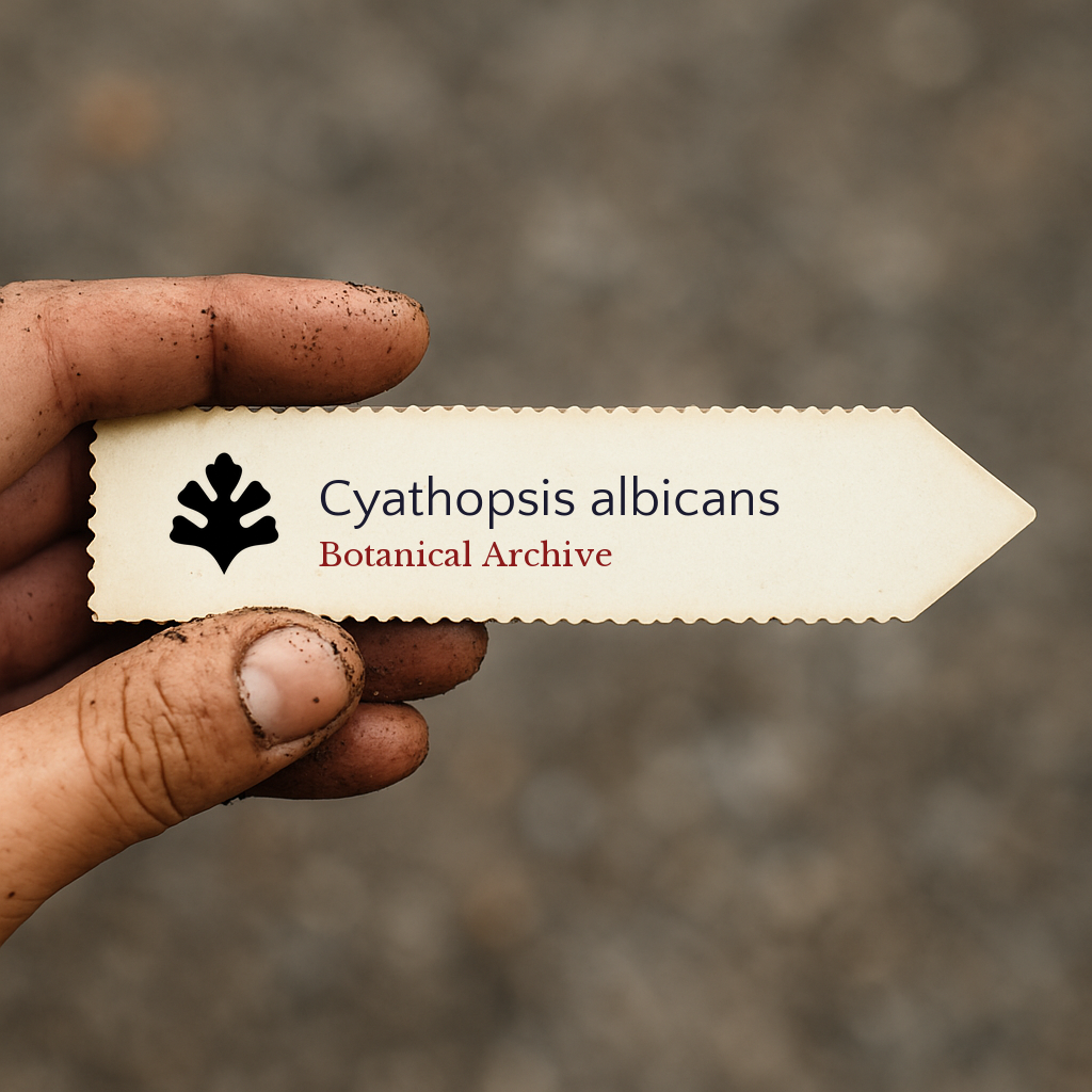 Etichetta stampata per pianta di Cyathopsis albicans tenuta da mano sporca su sfondo sfocato