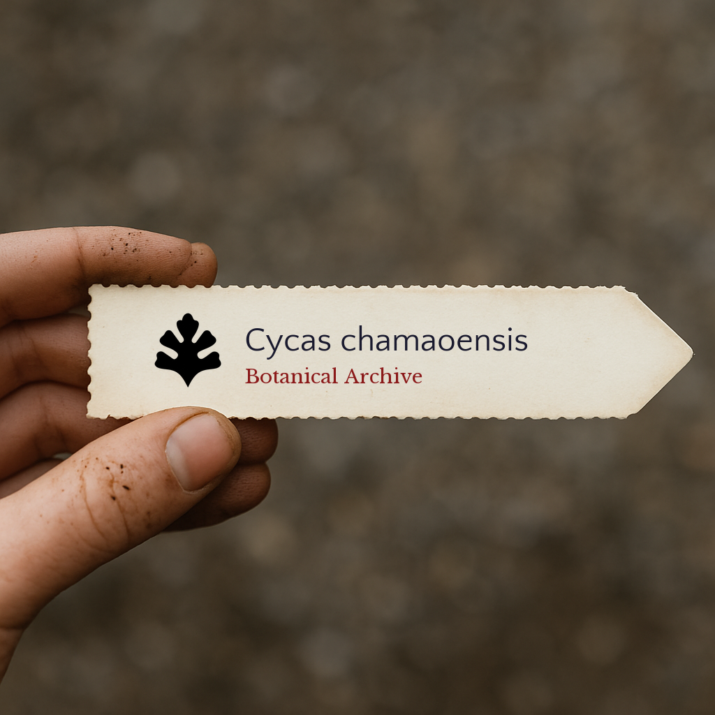 Etichetta stampata per pianta di Cycas chamaoensis con logo Botanical Archive tenuta in mano
