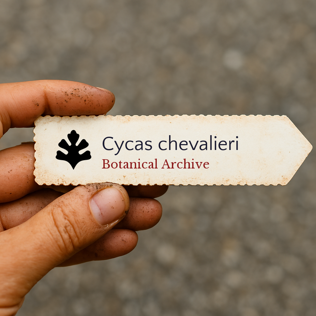 Printed plant label for Cycas chevalieri held by dirty hand outdoors