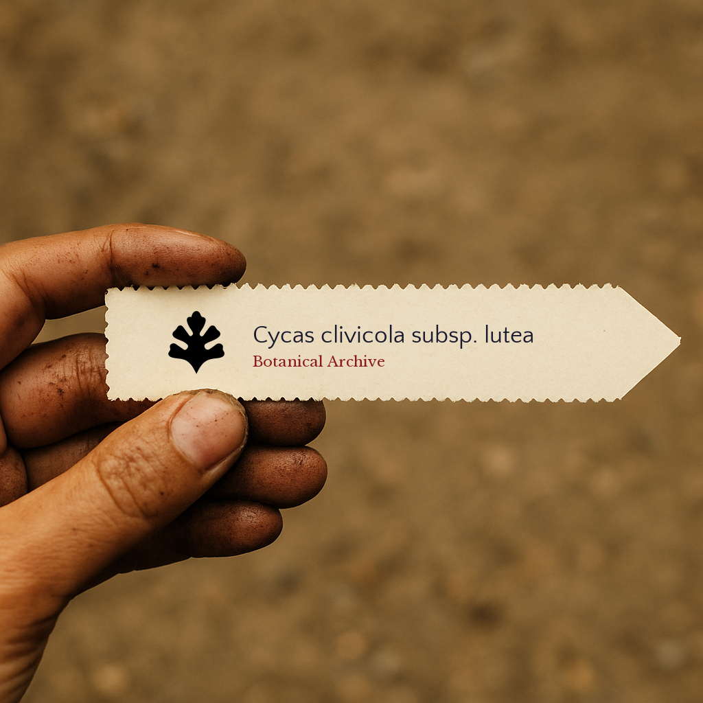 Printed plant label for Cycas clivicola subsp. lutea held by dirty hand outdoors