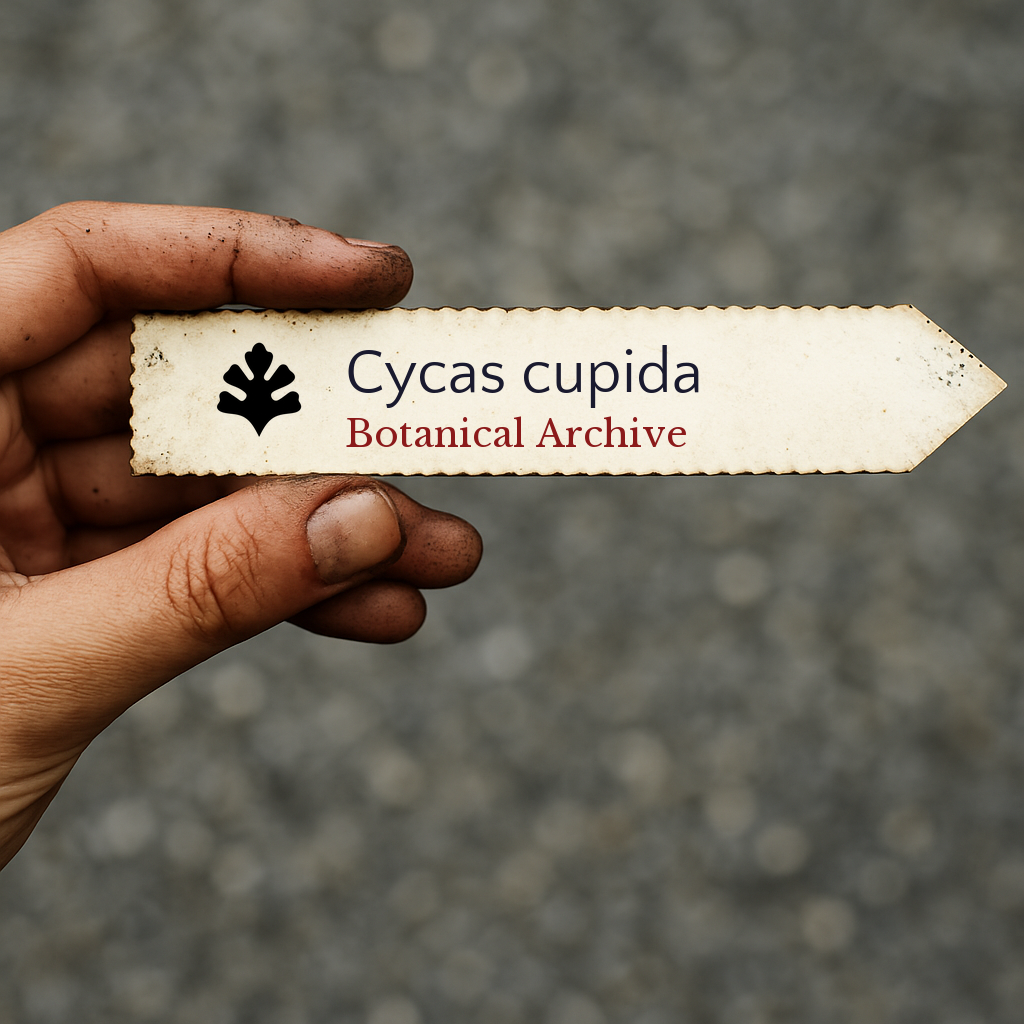 Printed botanical archive label for Cycas cupida held by hand with dirt background