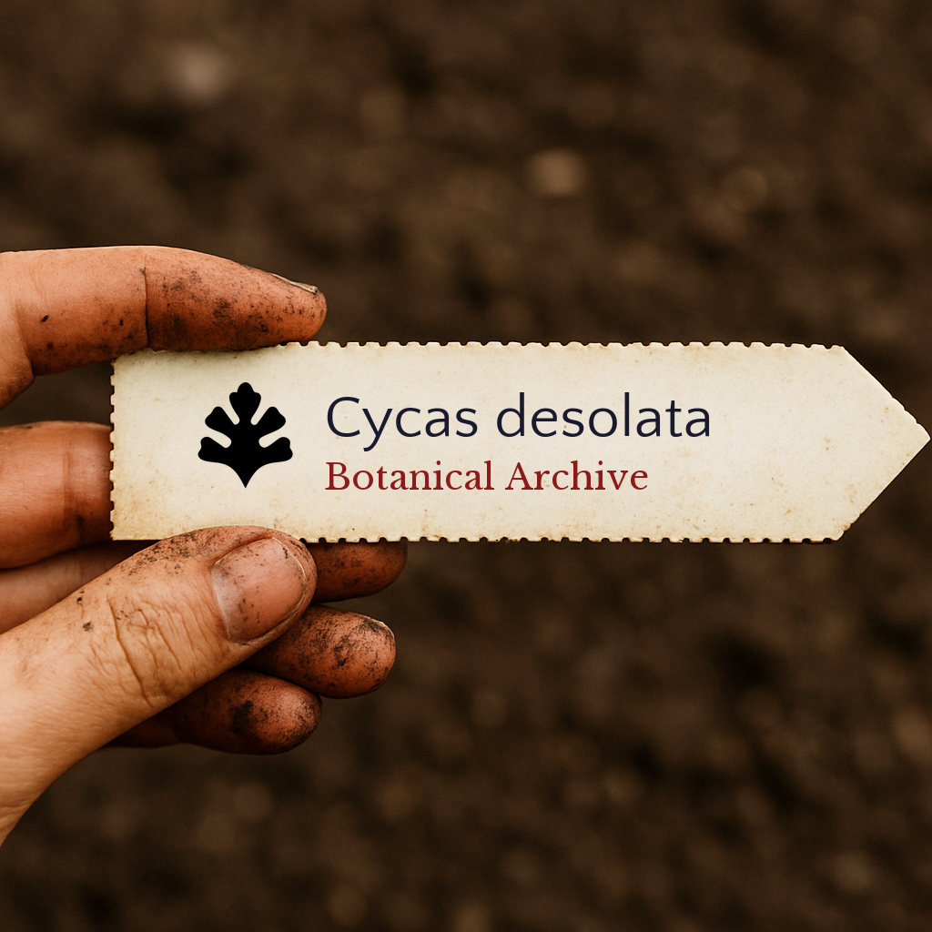 Printed plant label for Cycas desolata held by dirty hand over soil background