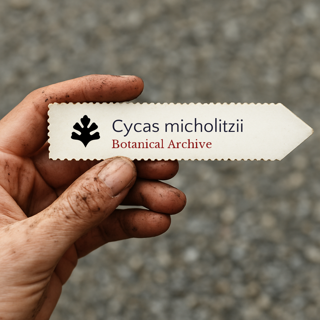 Printed plant label for Cycas micholitzii held by a dirty hand outdoors