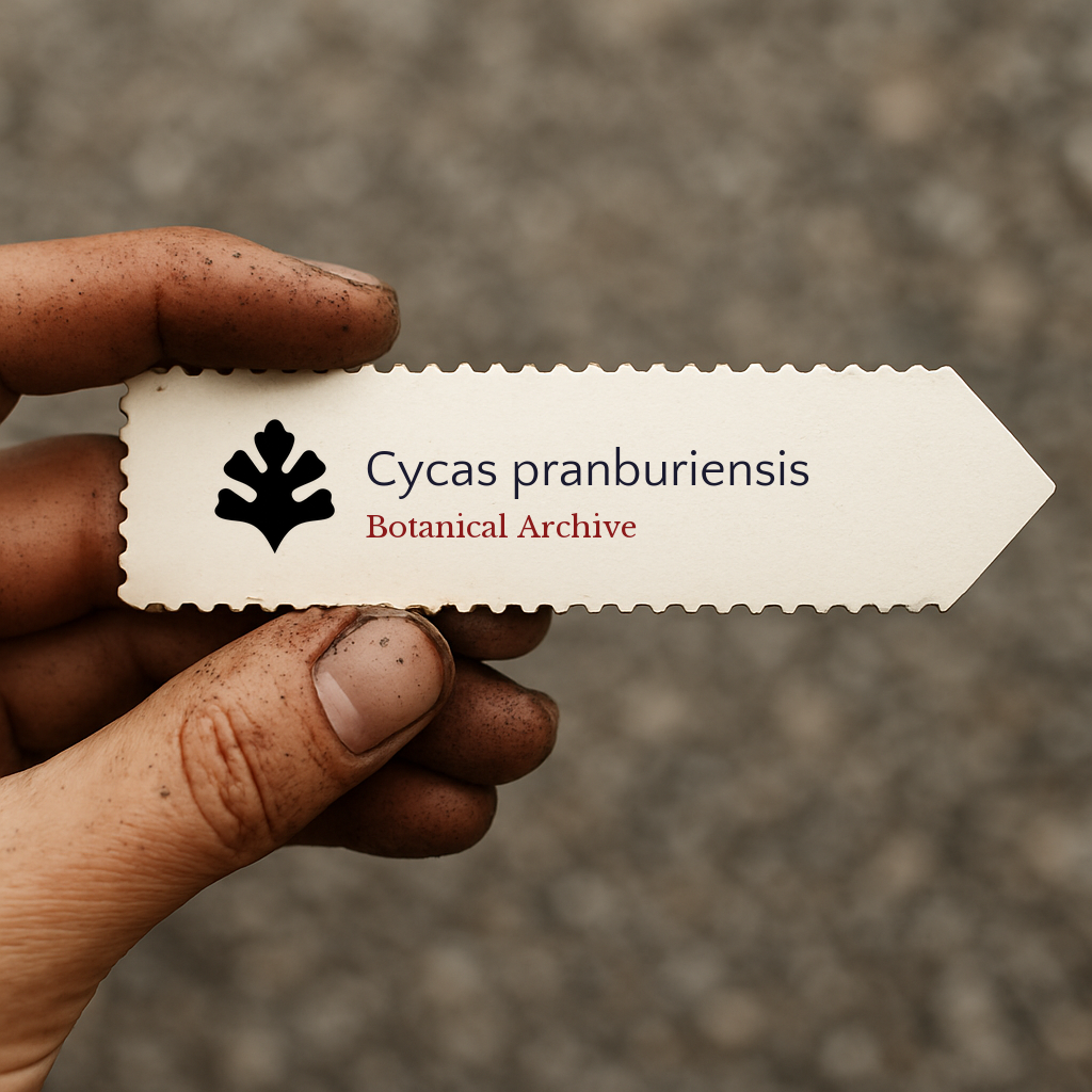 Printed plant label for Cycas pranburiensis held by hand with dirt background
