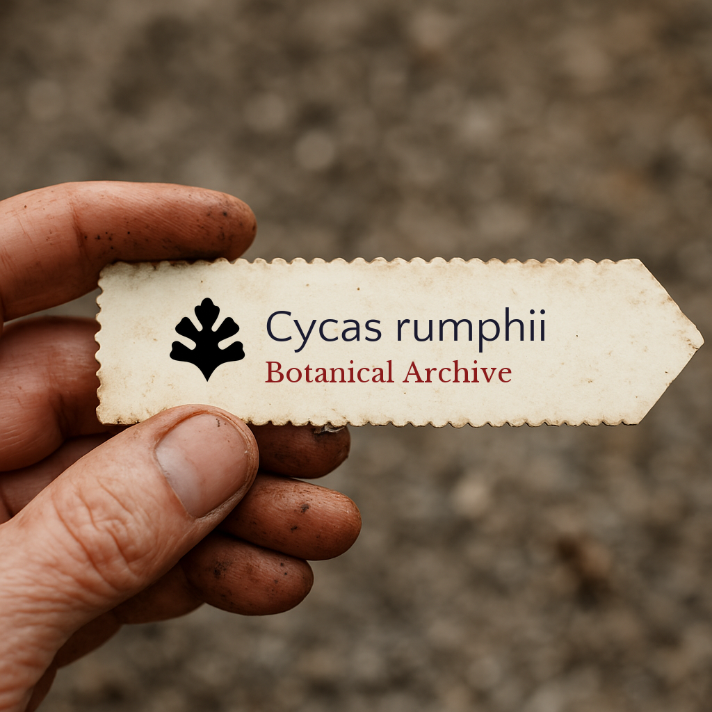 Printed plant label for Cycas rumphii held by dirty hand outdoors