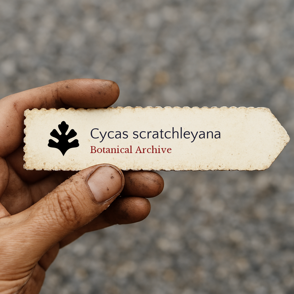 Printed plant label for Cycas scratchleyana held by hand with dirt on fingers