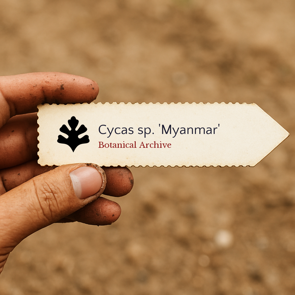 Printed plant label for Cycas sp. 'Myanmar' held by hand with soil background
