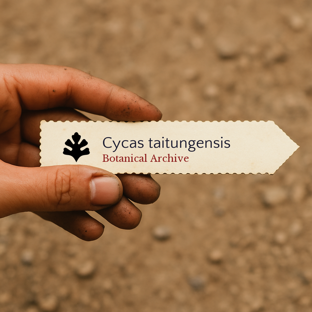 Printed plant label for Cycas taitungensis held by hand over soil background