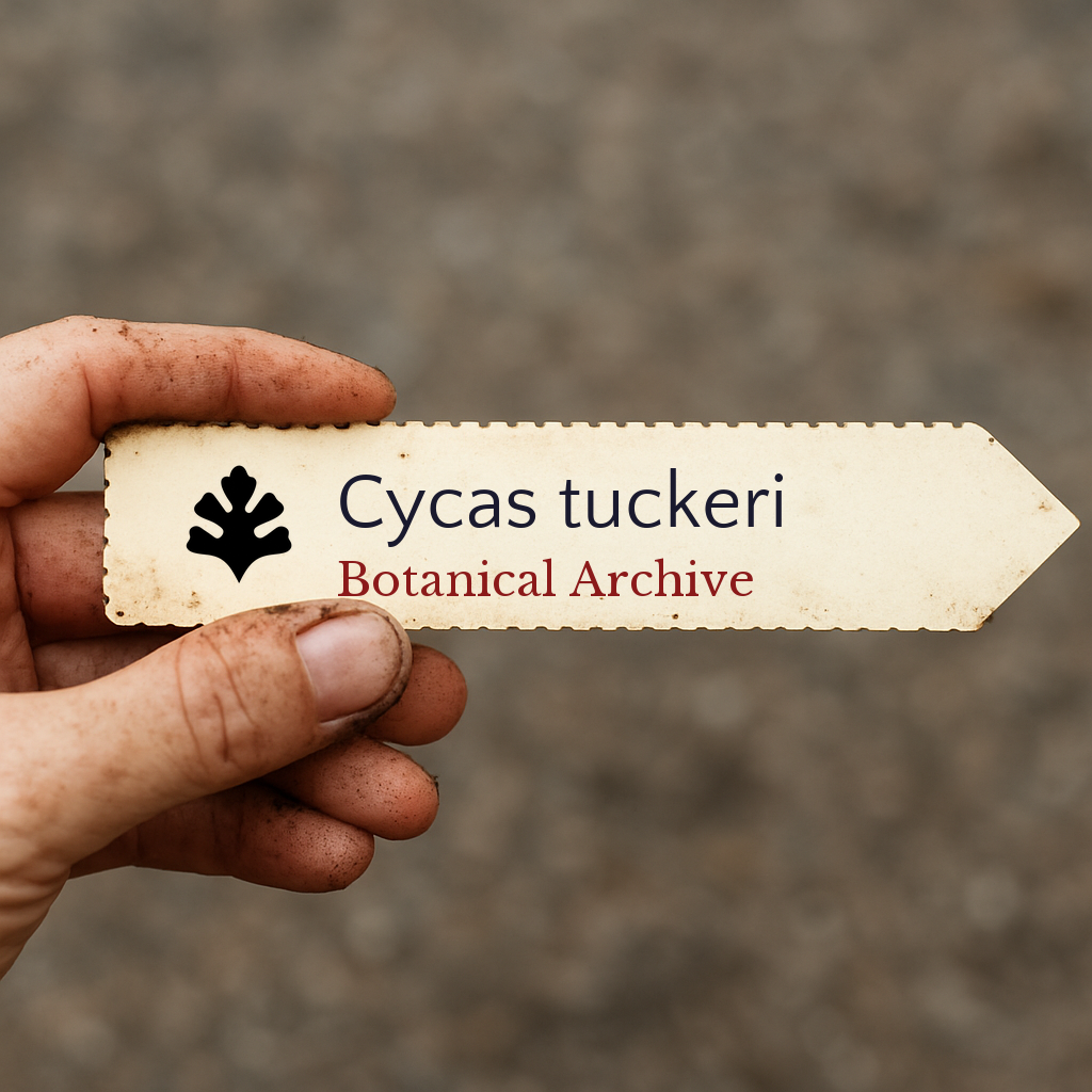 Printed plant label for Cycas tuckeri held by dirty hand with blurred background