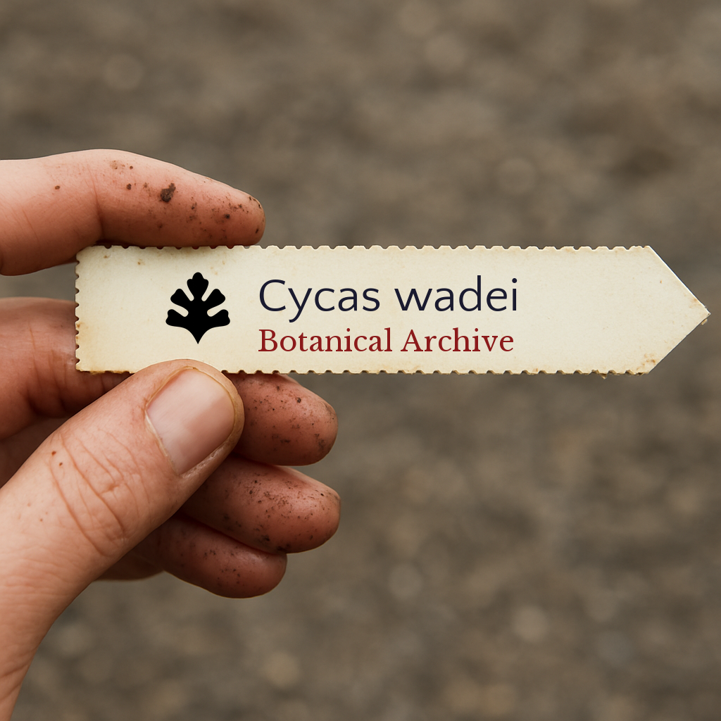 Printed plant label for Cycas wadei held by dirty hand on blurred background