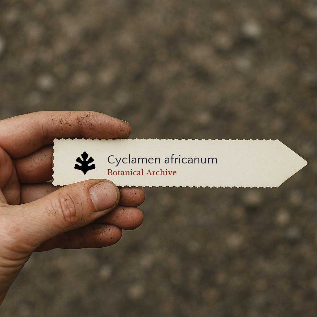 Printed plant label for Cyclamen africanum held by hand with soil background