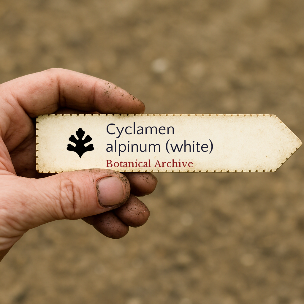 Printed plant label for Cyclamen alpinum white held by a gardener's hand with soil background