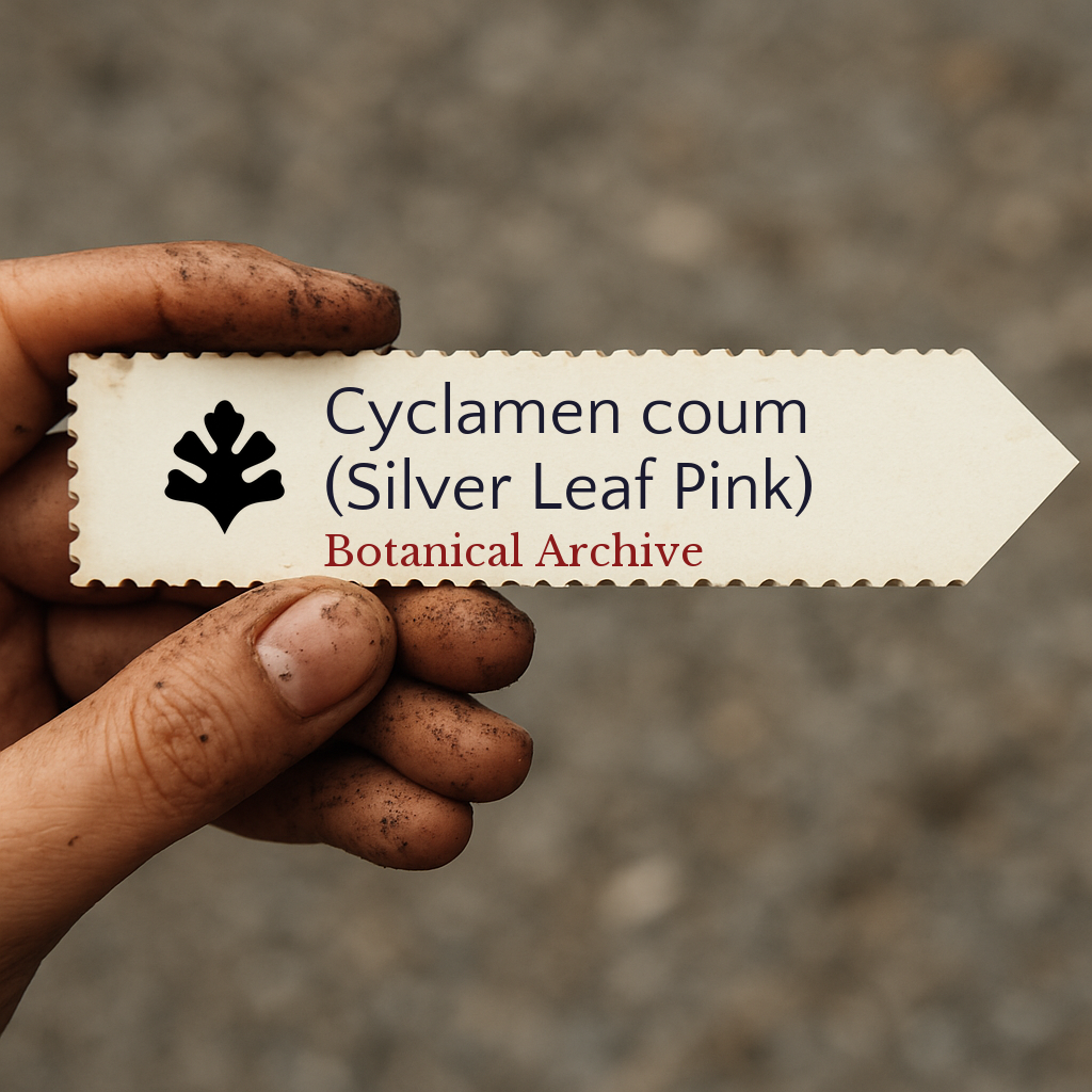Printed plant label for Cyclamen coum with silver leaf pink variety held by dirty hand