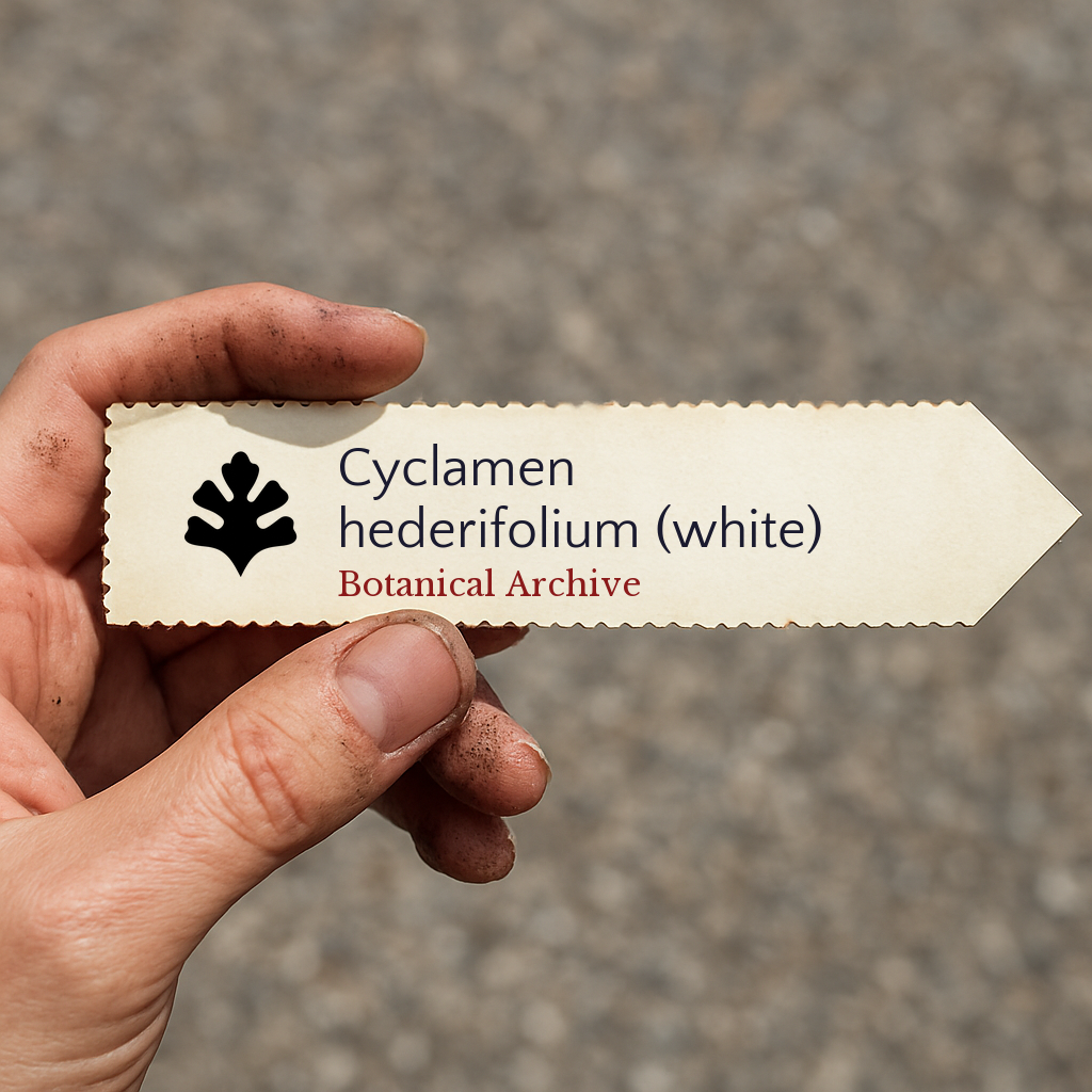Printed plant label for Cyclamen hederifolium held by dirty hand outdoors