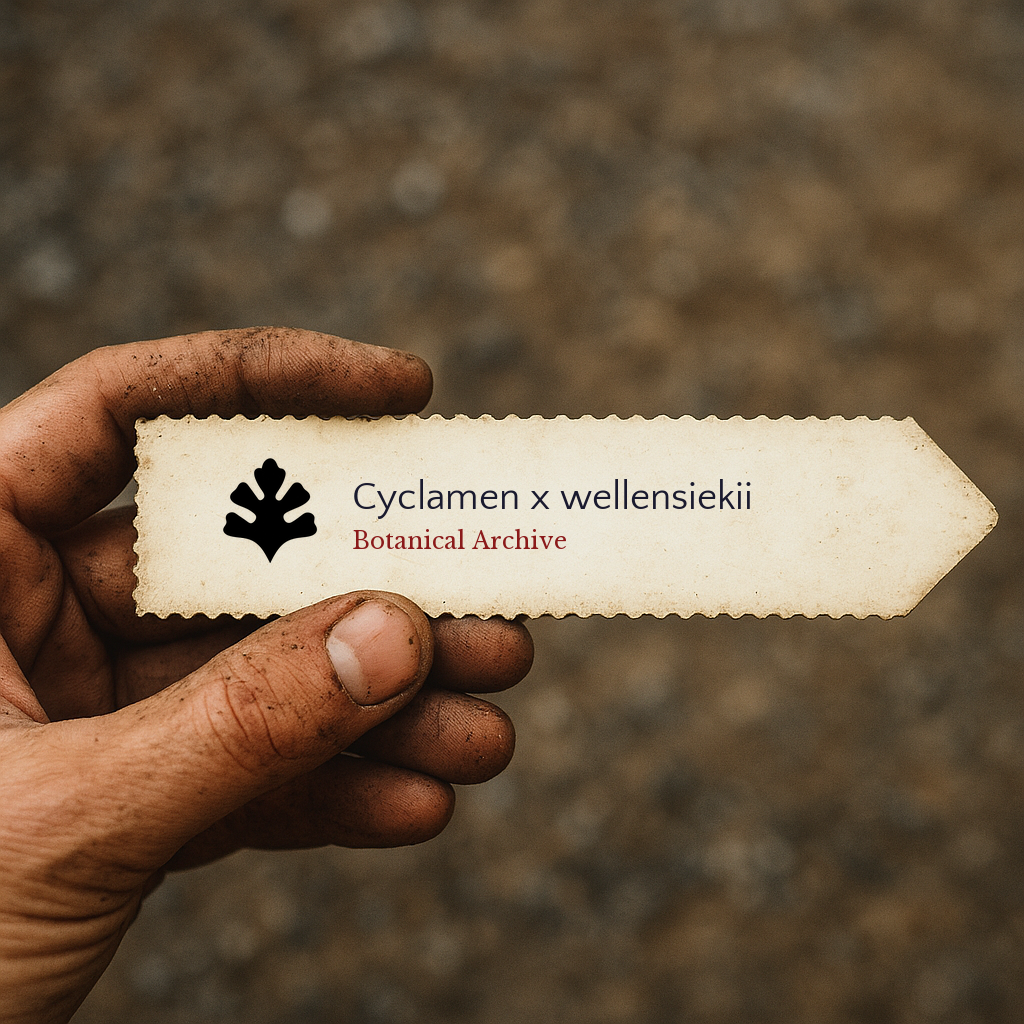 Printed plant label for Cyclamen x wellensiekii held by dirty hand outdoors