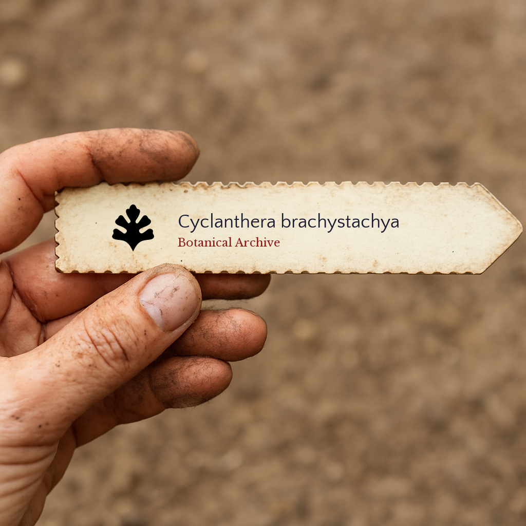 Printed plant label for Cyclanthera brachystachya held by dirty hand over soil background