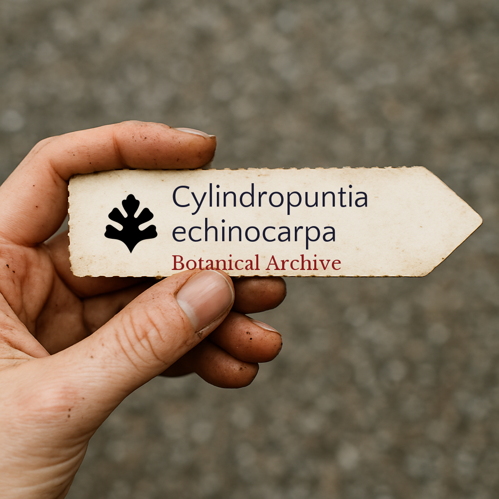 Printed plant label for Cylindropuntia echinocarpa held in hand with dirt background