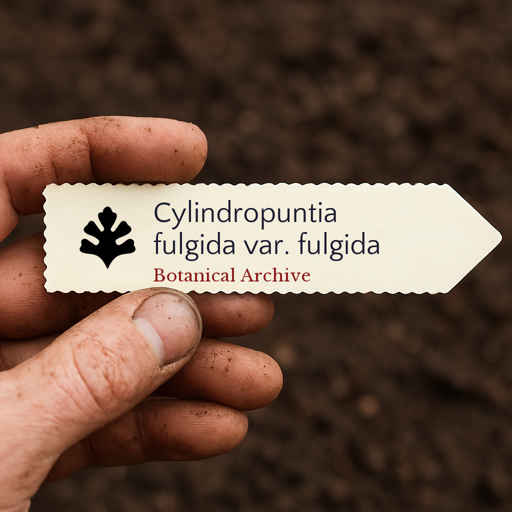 Etichetta stampata per piante di Cylindropuntia fulgida var. fulgida su sfondo di terreno