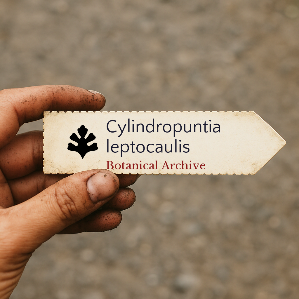 Printed plant label for Cylindropuntia leptocaulis held by dirty hand outdoors