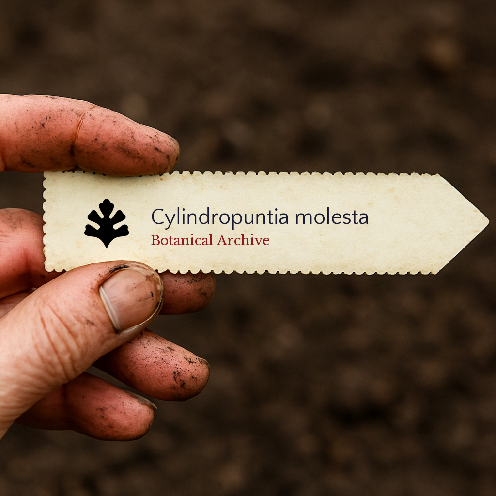 Etichetta vegetale stampata per Cylindropuntia molesta tenuta da mano sporca su sfondo di terreno