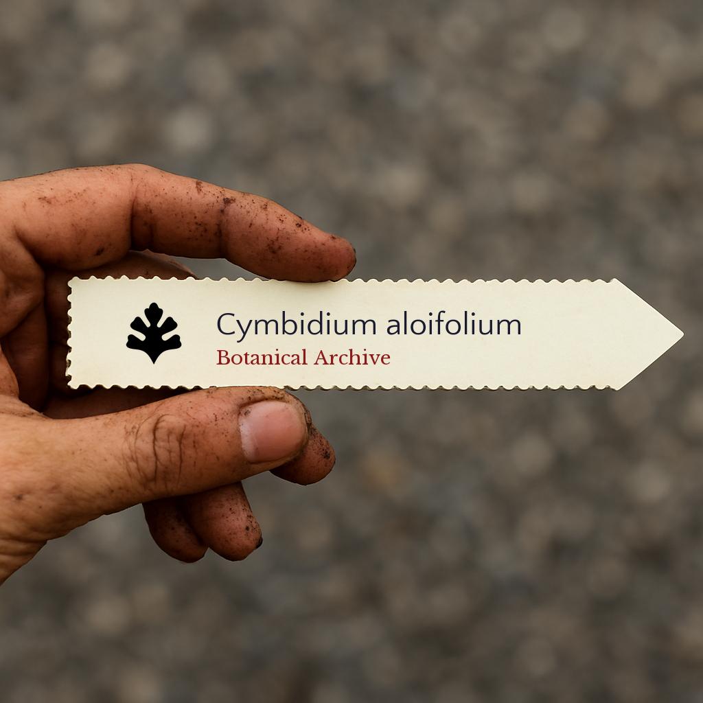 Printed plant label for Cymbidium aloifolium held by dirty hand on blurred background