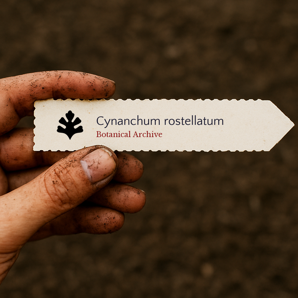 Printed plant label for Cynanchum rostellatum held by dirty hand over soil background