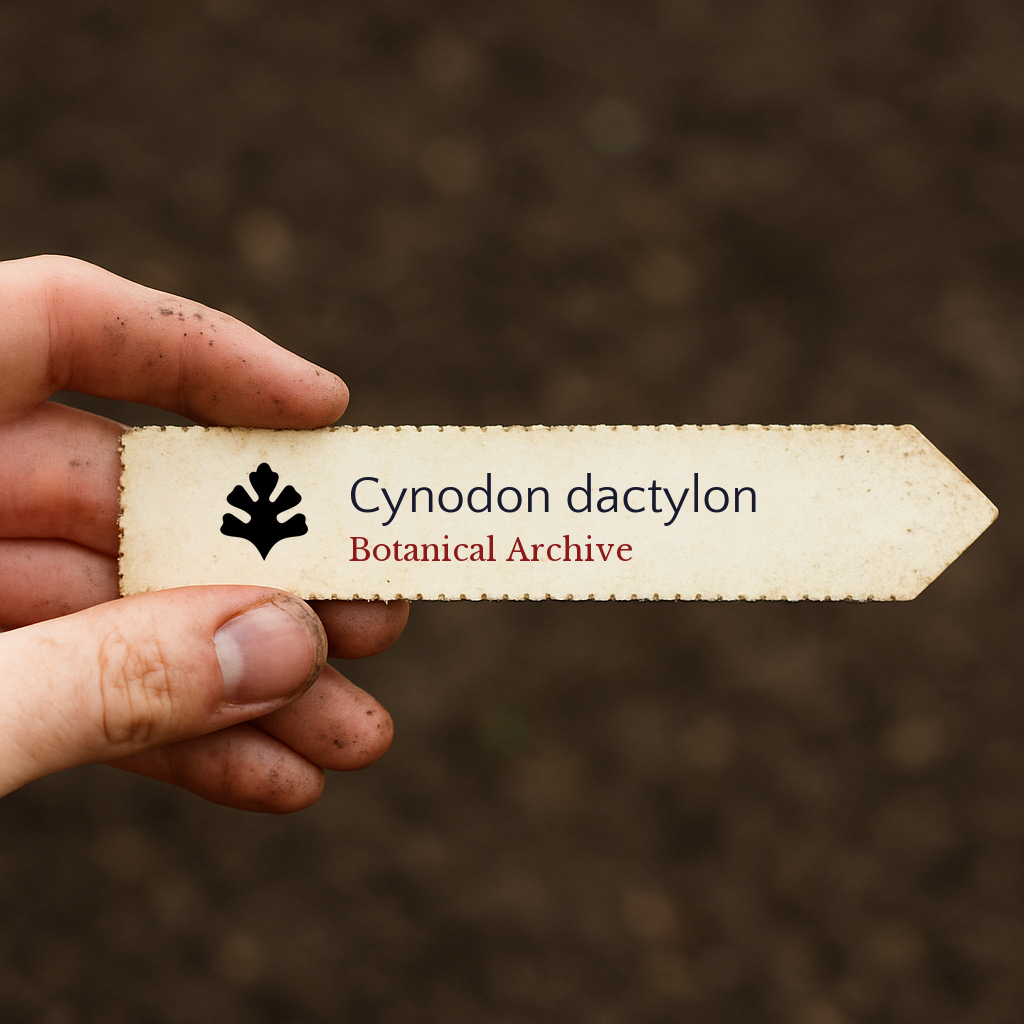 Printed plant label for Cynodon dactylon held by hand with soil background