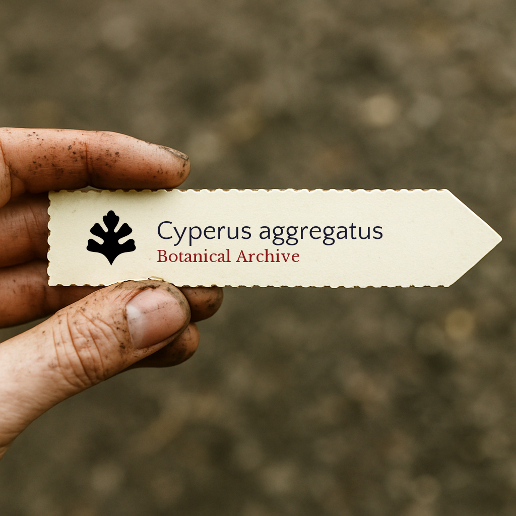 Etichetta stampata per pianta di Cyperus aggregatus tenuta da mano sporca contro sfondo sfocato di terreno