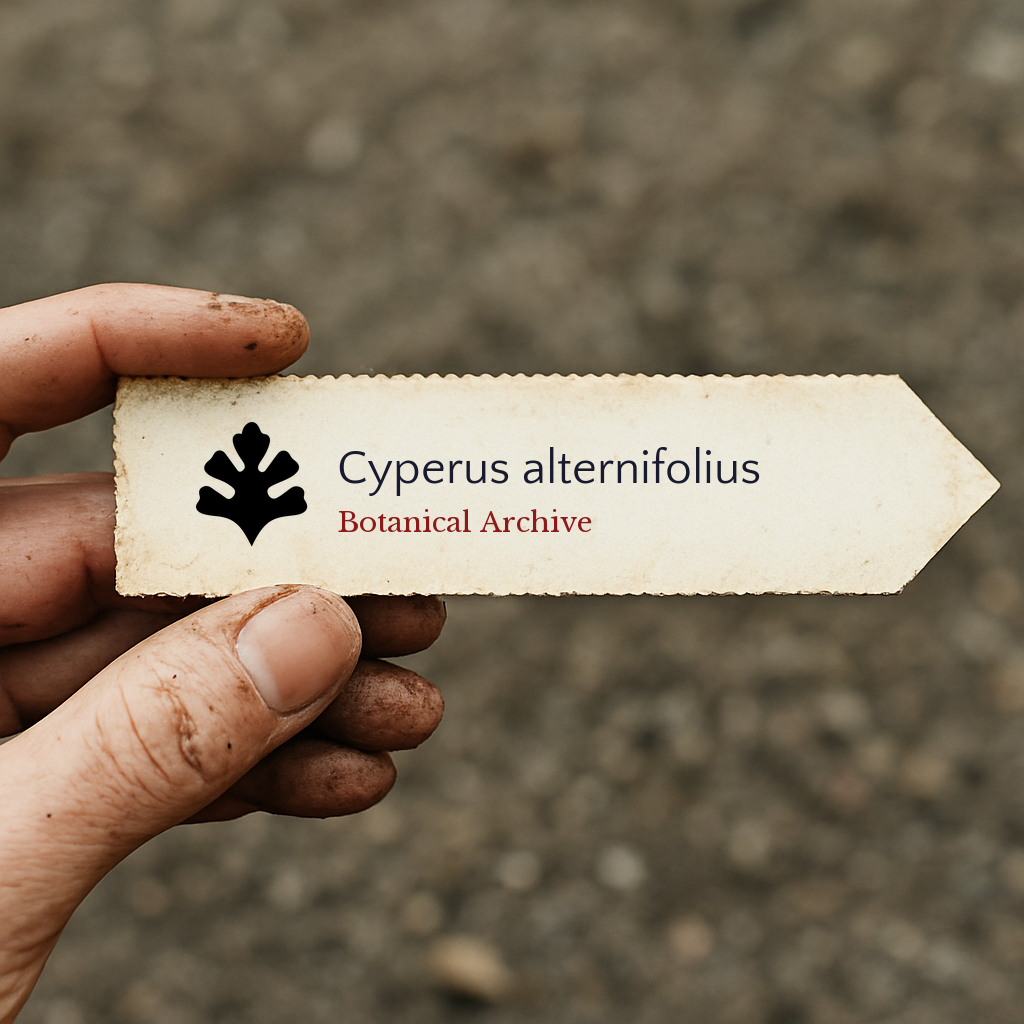Printed plant label for Cyperus alternifolius held by hand with dirt background