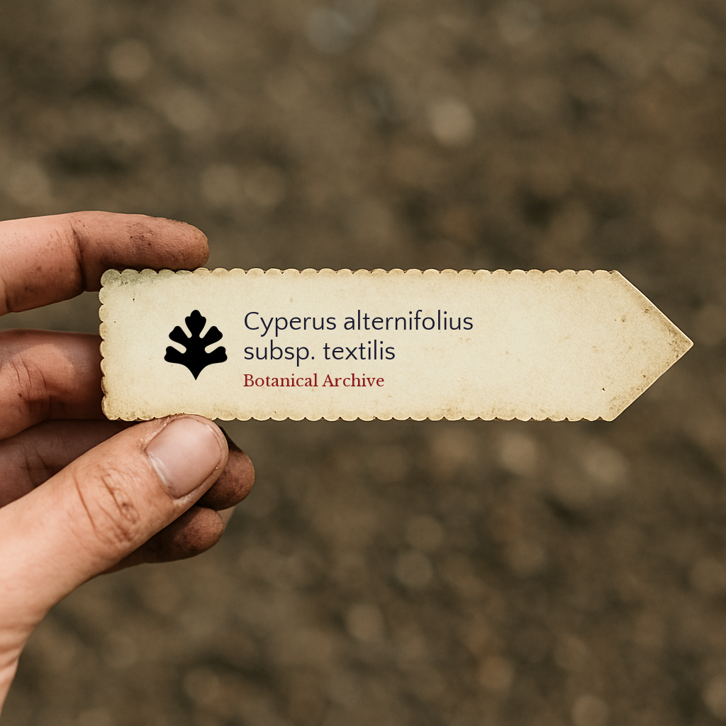 Printed plant label for Cyperus alternifolius subsp. textilis held by hand with soil background