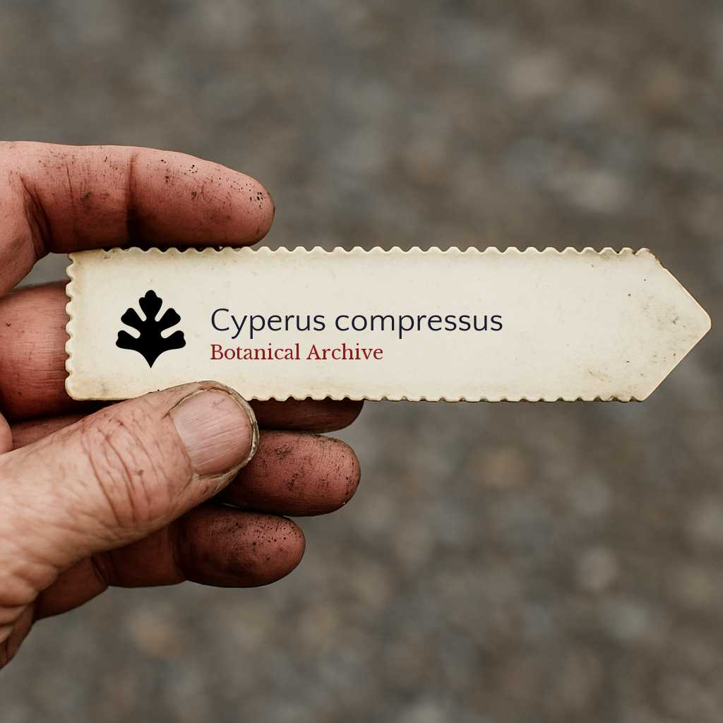 Printed plant label for Cyperus compressus held by hand with dirt background