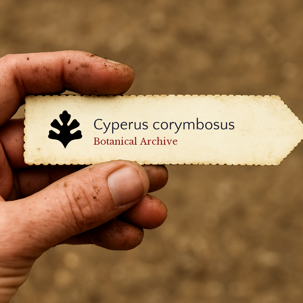 Printed plant label for Cyperus corymbosus held by dirty hand with soil background