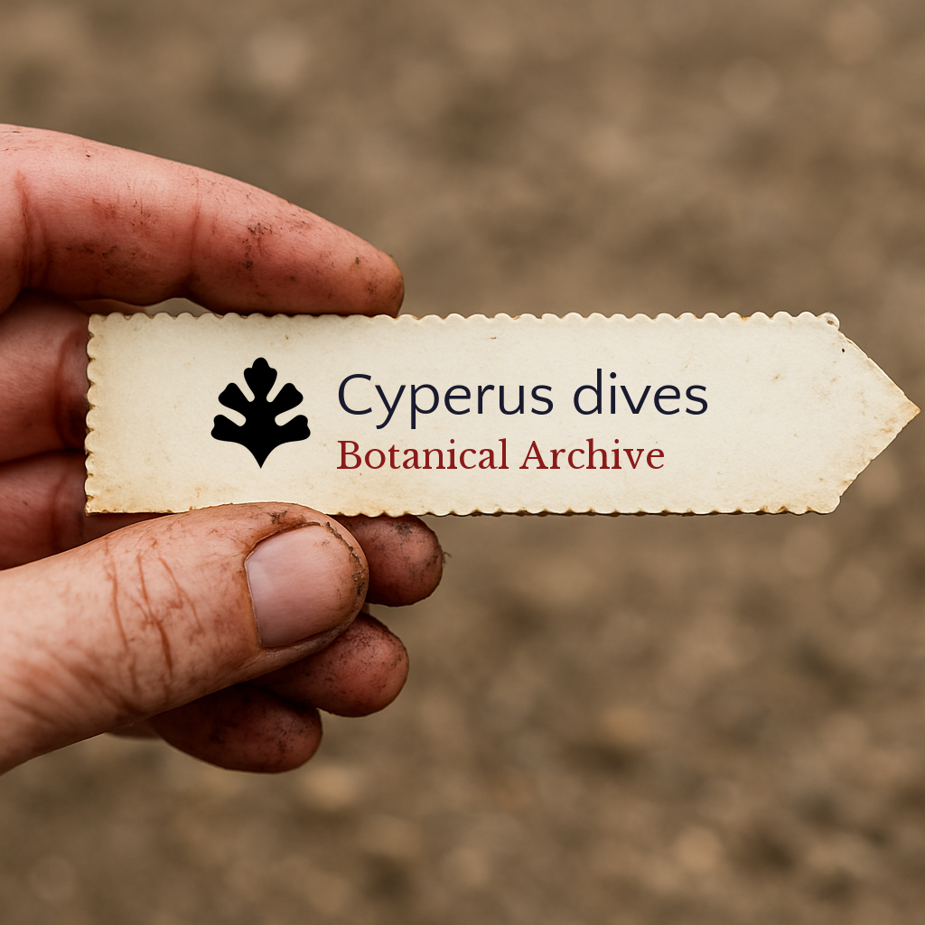 Printed plant label for Cyperus dives held by dirty hand with soil background