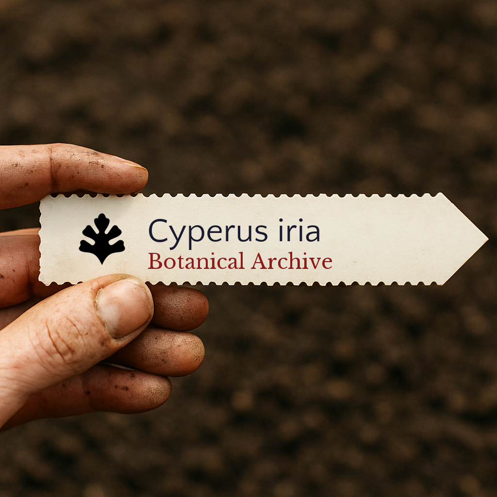 Etichetta per pianta stampata per Cyperus iria tenuta da mano sporca su sfondo di terreno
