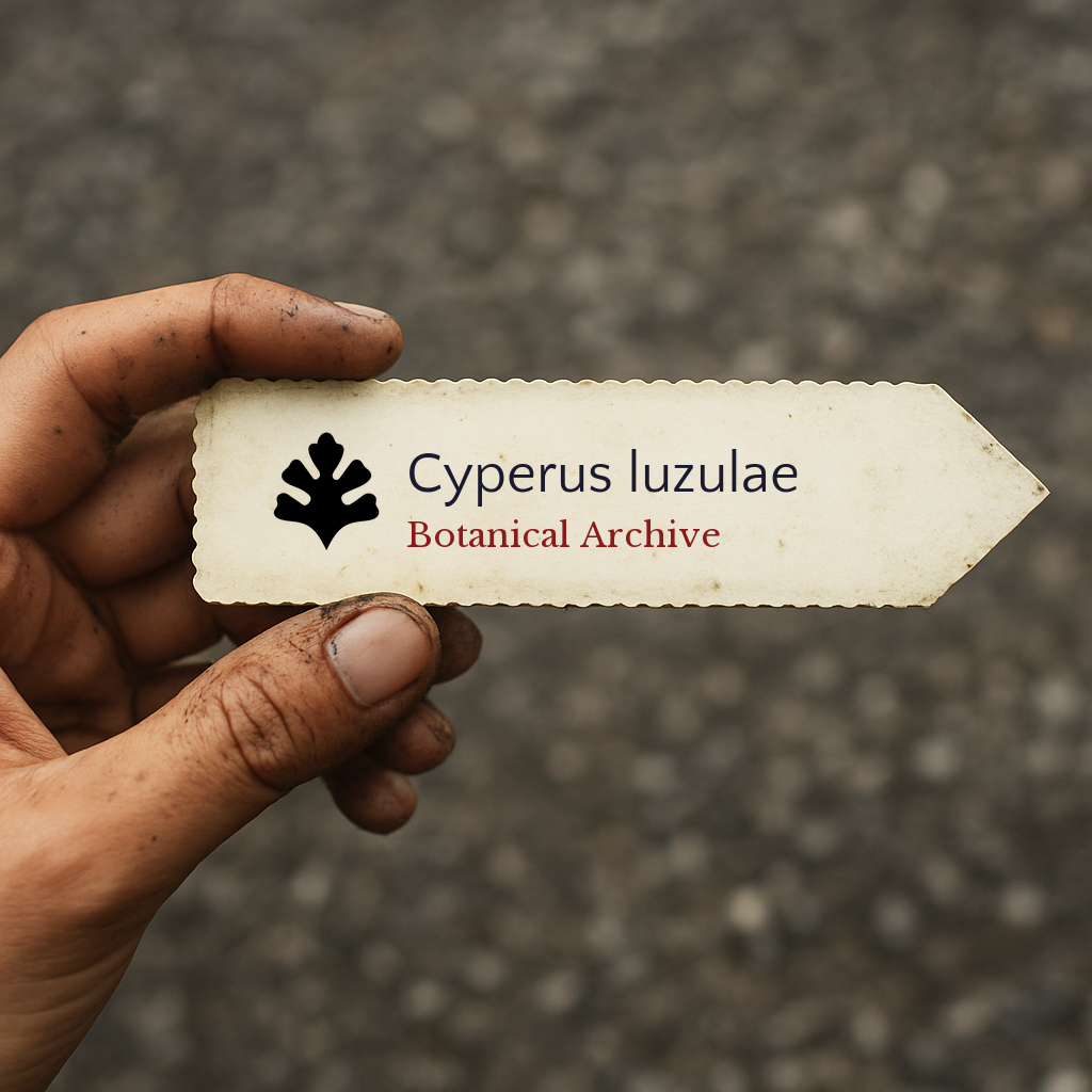 Printed plant label for Cyperus luzulae with botanical archive logo held by hand