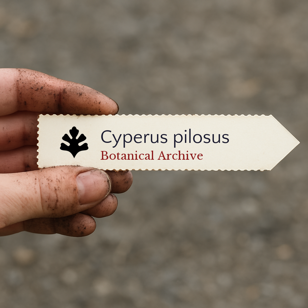 Printed plant label for Cyperus pilosus held by dirty hand outdoors