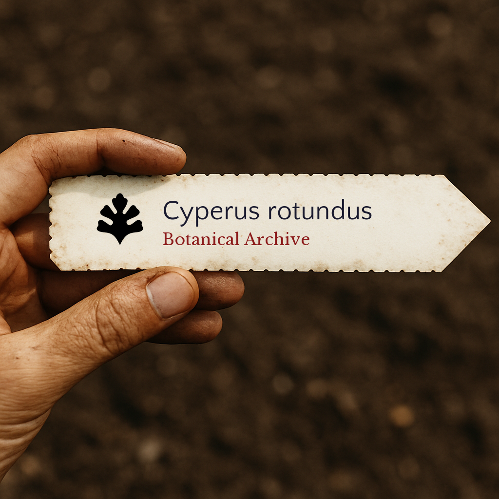 Printed plant label for Cyperus rotundus held over soil background in hand