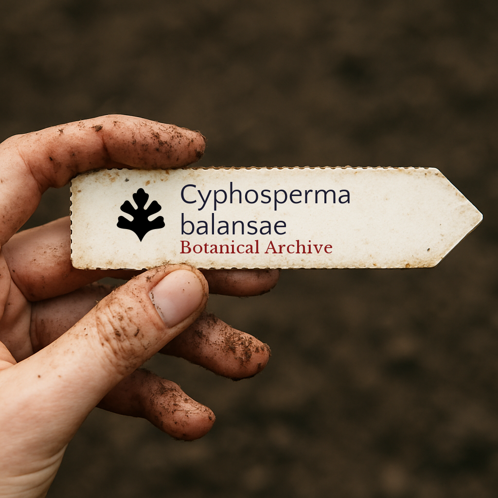 Printed plant label for Cyphosperma balansae held by dirty hand over soil background