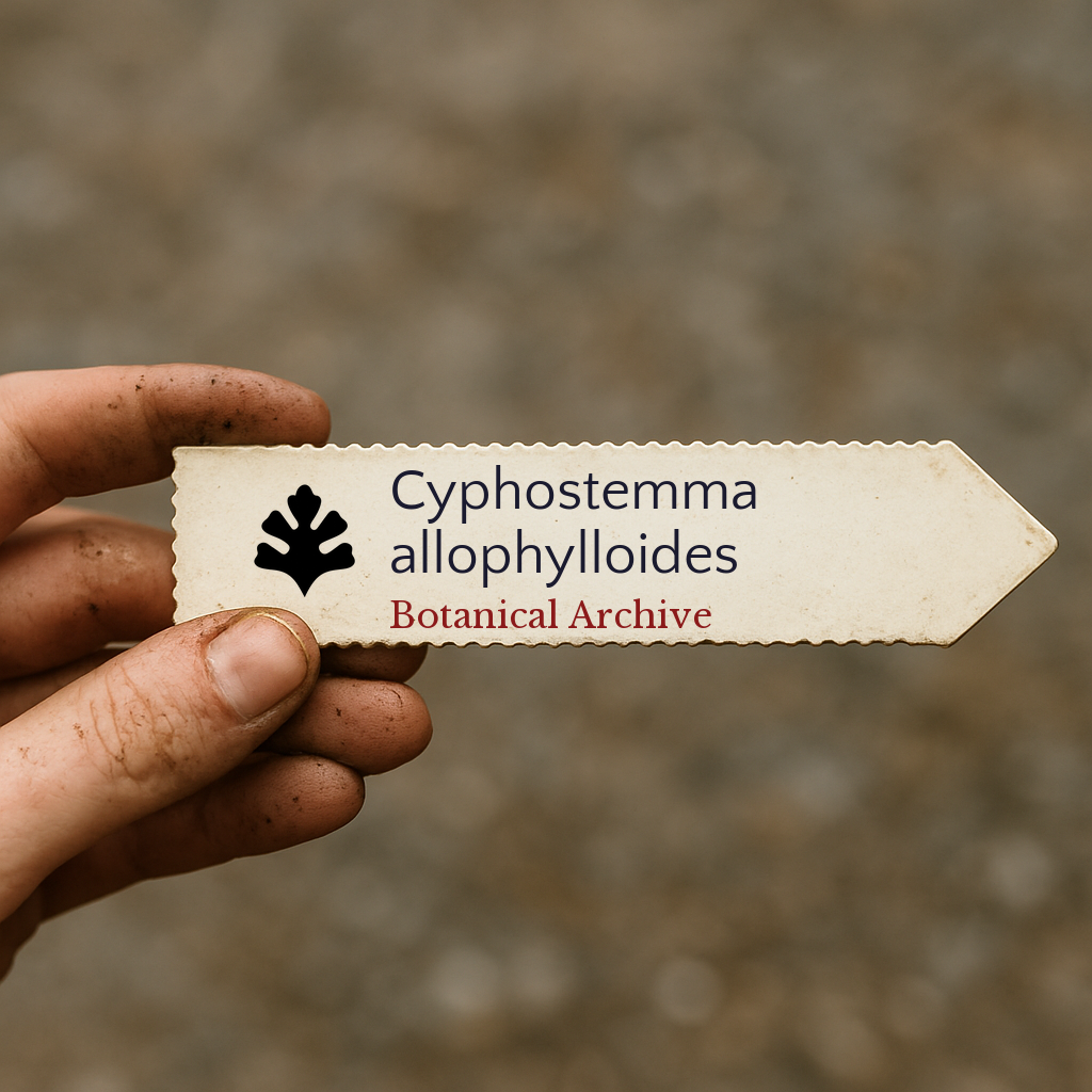 Etichetta per pianta stampata per Cyphostemma allophylloides tenuta da mano sporca all'aperto