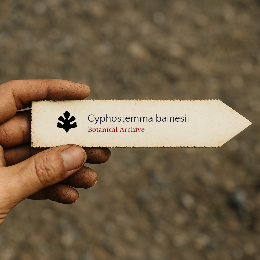 Handheld vintage plant label for Cyphostemma bainesii with botanical archive logo