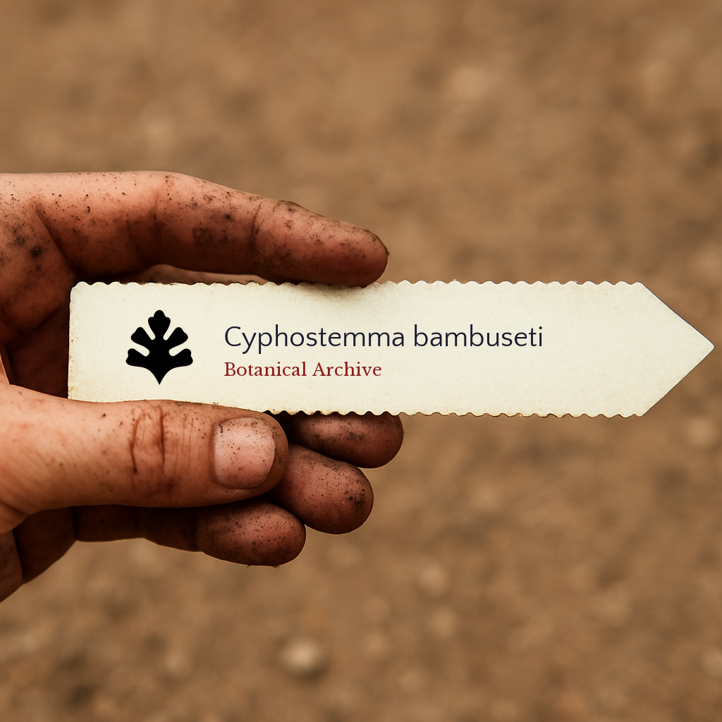 Etichetta stampata per pianta di Cyphostemma bambuseti tenuta da mano sporca con sfondo di terra