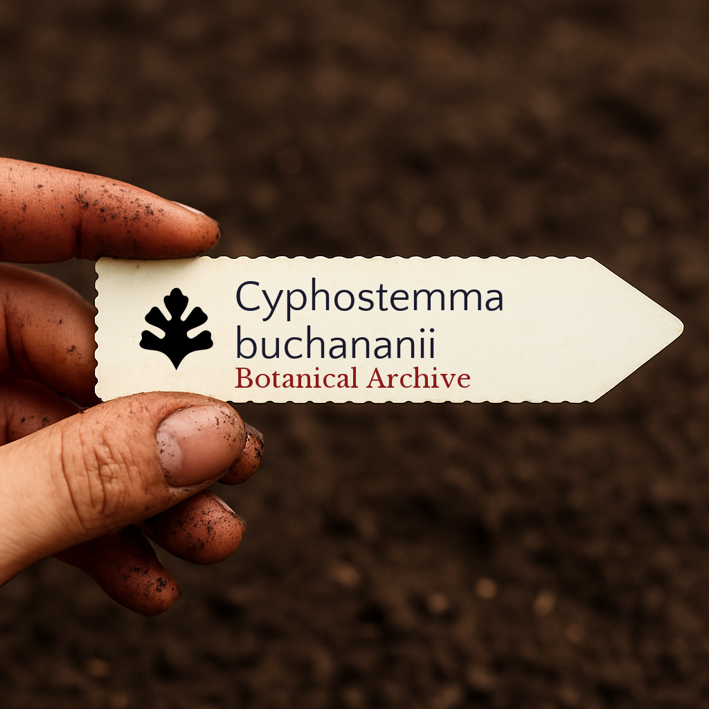 Printed plant label for Cyphostemma buchananii held over soil background