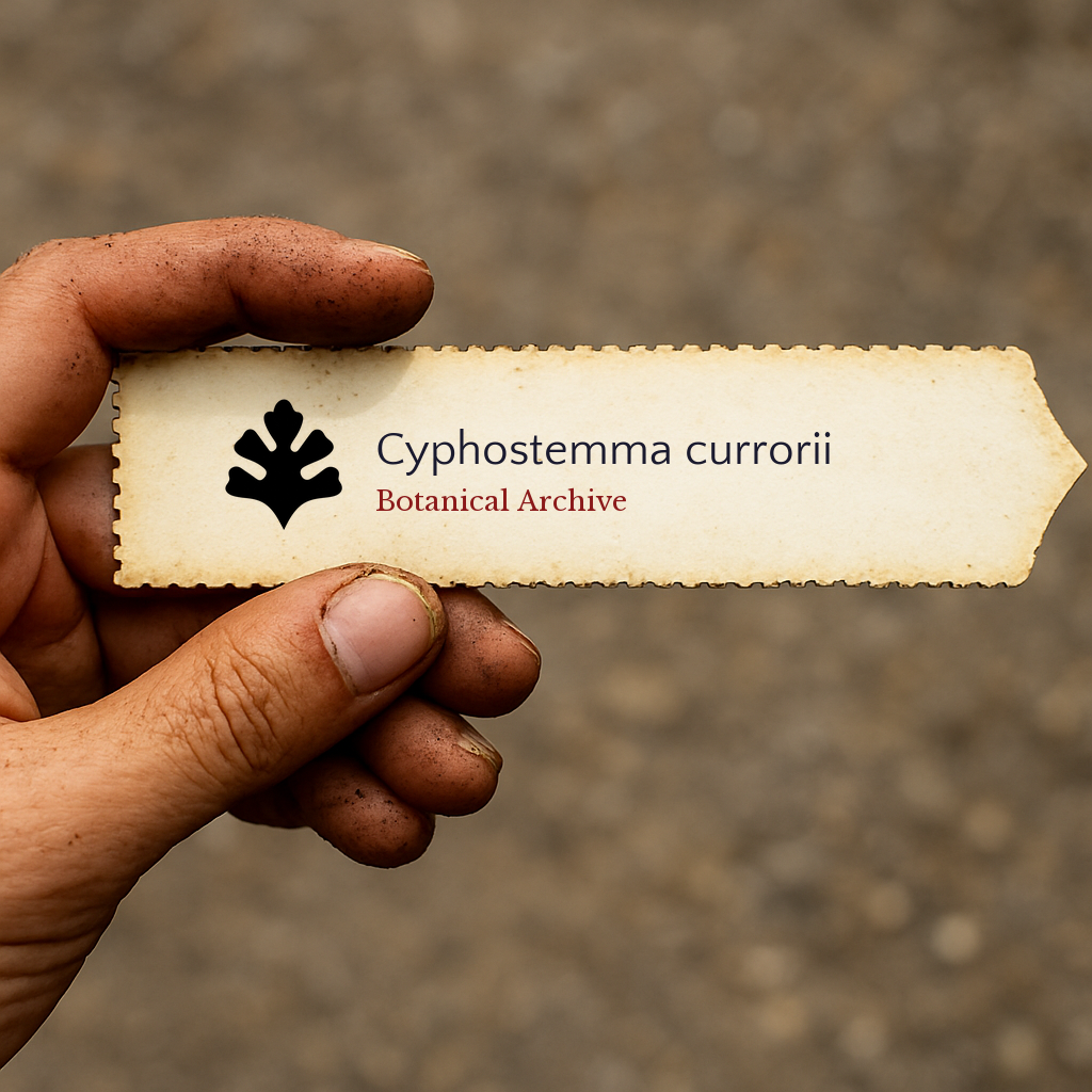 Printed plant label for Cyphostemma currorii held by dirty hand outdoors