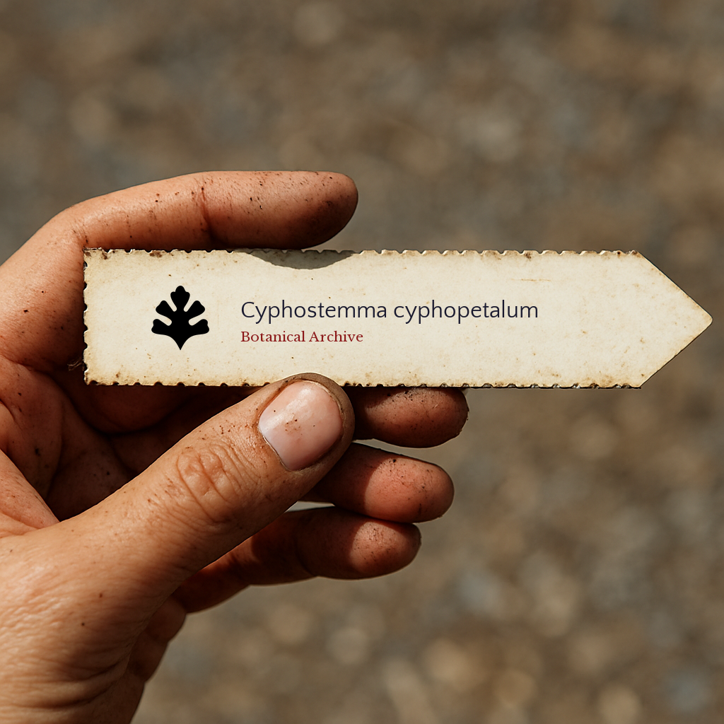 Etichetta piantina stampata per Cyphostemma cyphopetalum con il logo di Botanical Archive in mano