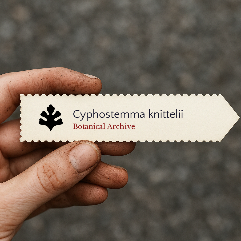 Printed plant label for Cyphostemma knittelii held by hand with dirt background