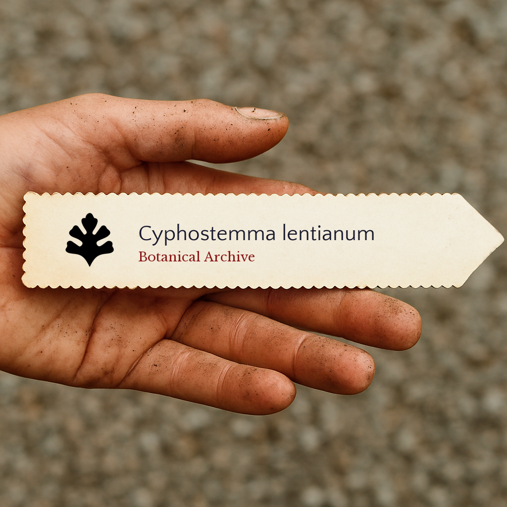 Etichetta con stampa della pianta per Cyphostemma lentianum tenuta in mano sporca all'aperto