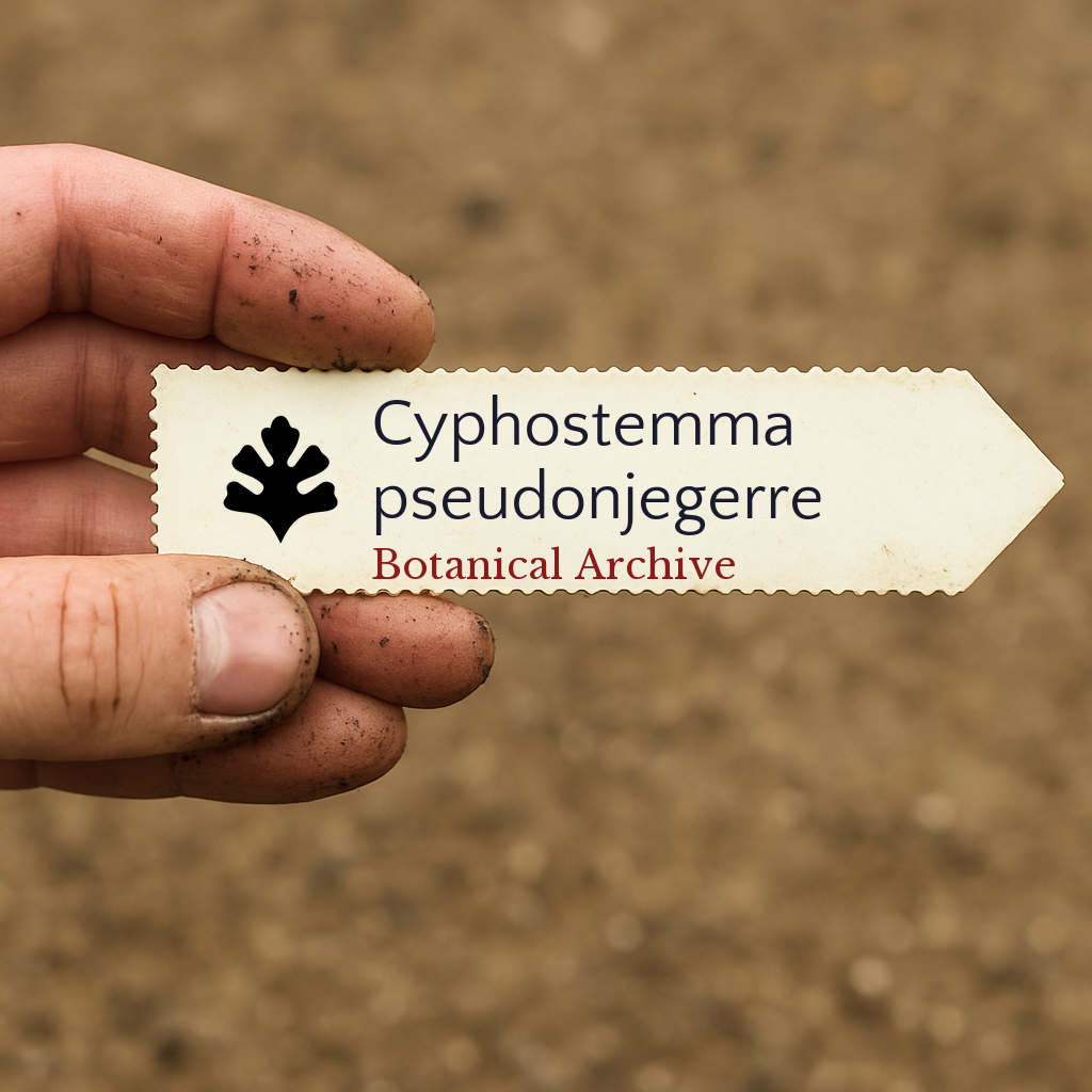 Printed plant label for Cyphostemma pseudonjegerre held by dirty hand over soil background