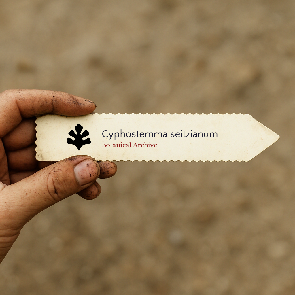 Etichetta per pianta stampata per Cyphostemma seitzianum tenuta a mano con dita sporche di terra